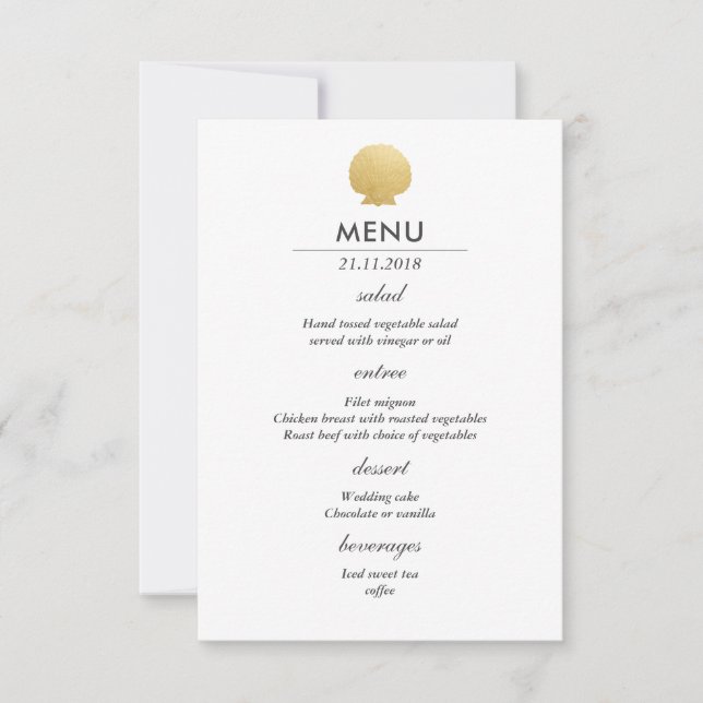 Invitation Menu de mariage océan en feuille d'or faux coquill (Devant)