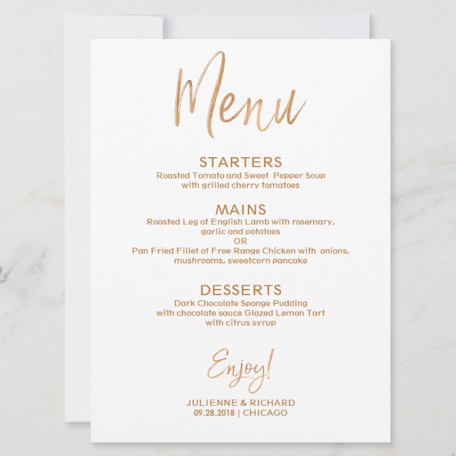 Invitation Menu de mariage | Rose or élégant (Devant)