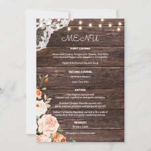 Invitation Menu de plat principal floral en dentelle de bois 