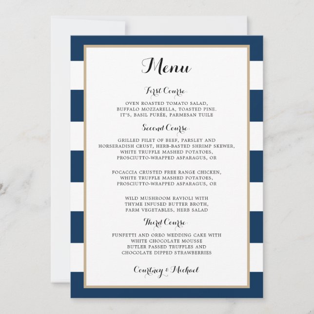 Invitation Menu de réception de mariage à rayures bleu marine (Devant)