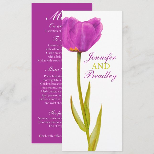 Invitation Menu de réception de mariage aux tulipes violettes (Devant / Derrière)