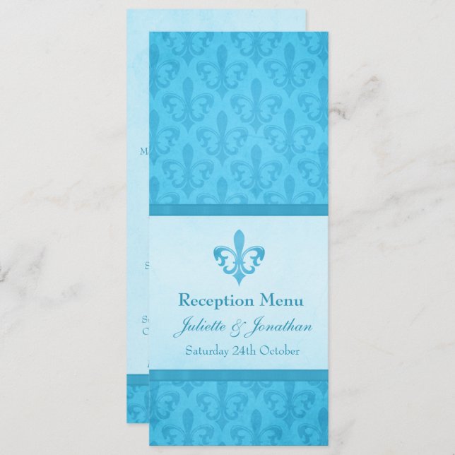 Invitation Menu de réception de mariage Blue Fleur De Lis (Devant / Derrière)