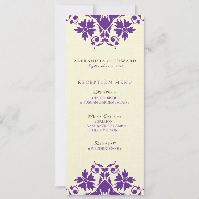 Invitation Menu de réception de mariage décoratif (violet) (Devant)