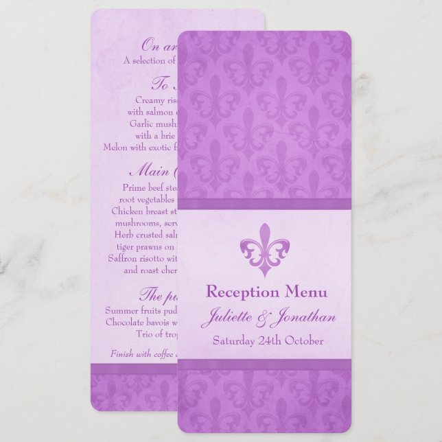 Invitation Menu de réception de mariage Fleur De Lis Violet (Devant / Derrière)