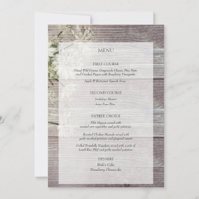 Invitation Menu de réception de mariage floral en bois gris c (Devant)