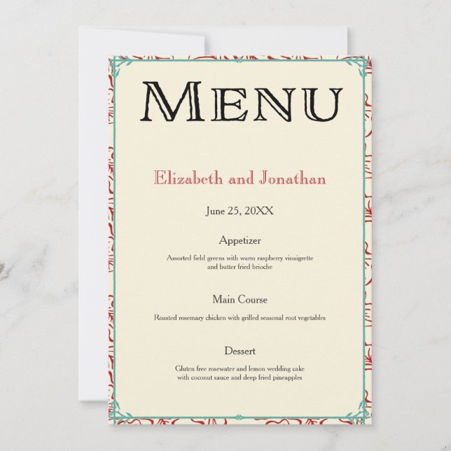 Invitation Menu de réception Mariage campagnard rouge et turq (Devant)