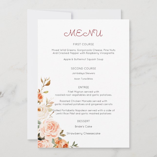 Invitation Menu d'entrée floral rose et pêche (Devant)