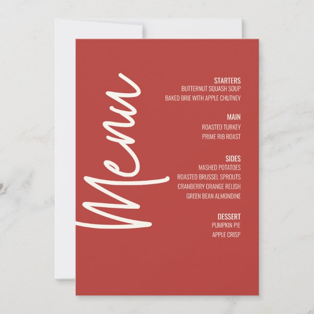 Invitation Menu Dîner Moderne Menu Mariage Rouge Thanksgiving (Devant)