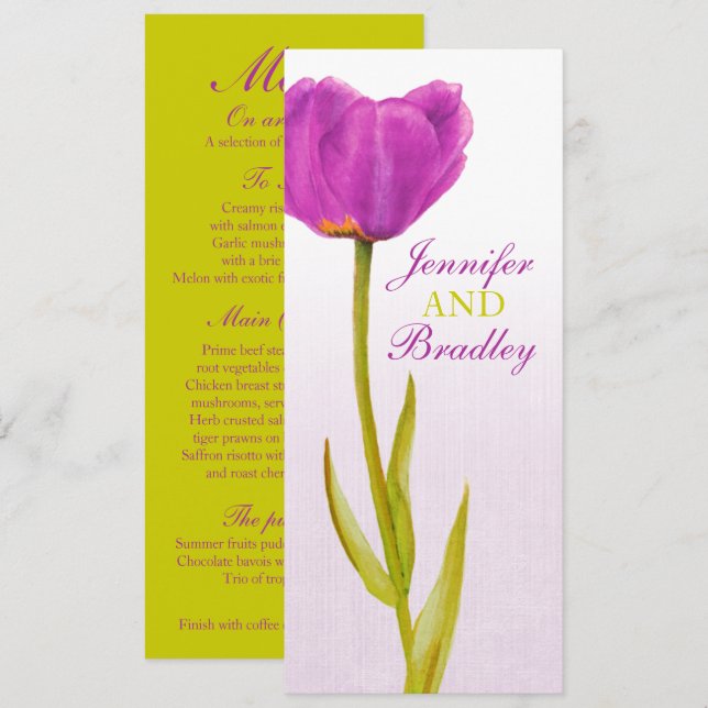 Invitation Menu dîner réception mariage tulipe violet (Devant / Derrière)