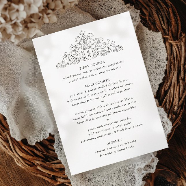 Invitation Menu du dîner Mariage noir et blanc d'antiquité (Créateur téléchargé)