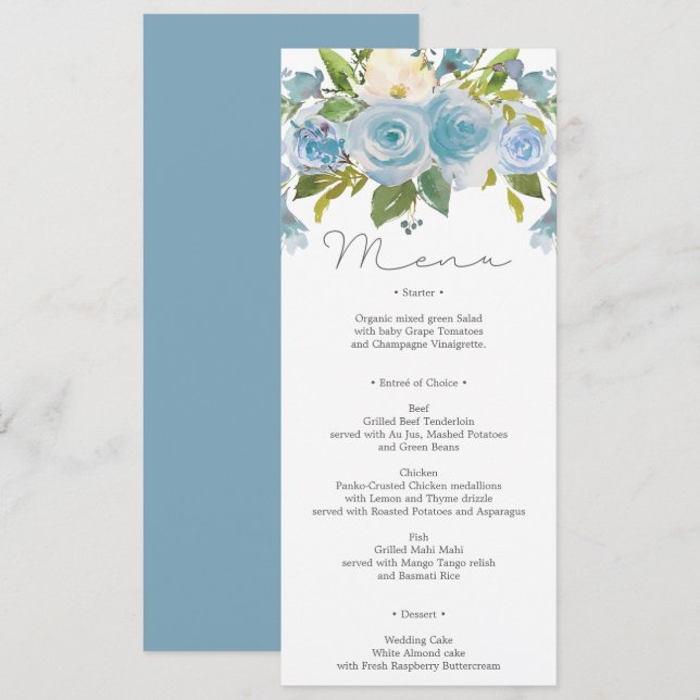 Invitation Menu Dusty Blue Floral Mariage ou Menu Douche (Devant / Derrière)
