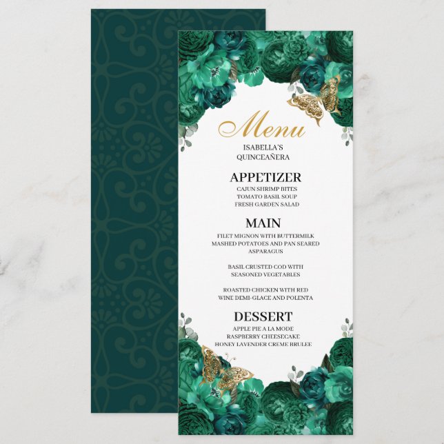 Invitation Menu Emerald Green Floral Quinceanera (Devant / Derrière)