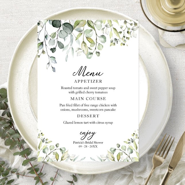 Invitation Menu Fête des mariées Eucalyptus Vert Cute (Créateur téléchargé)