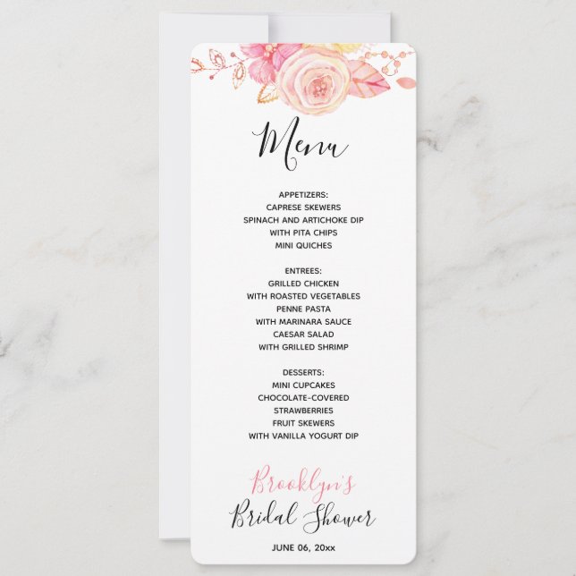 Invitation Menu Fête des mariées rose floral (Devant)