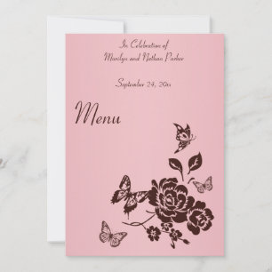 Invitation Menu Fleurs roses et brunes et papillons rougissan