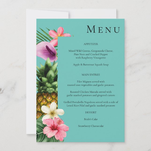 Invitation Menu floral tropical hawaïen - Bleu sarcelle (Devant)