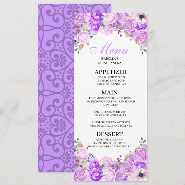 Invitation Menu Lilac Purple Floral Quinceanera (Devant / Derrière)