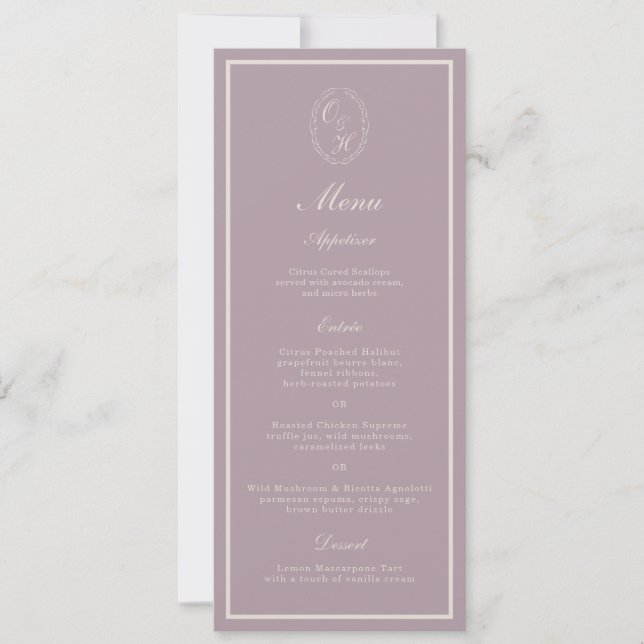 Invitation Menu Long de Mariage Élégant Mauve Monogramme (Devant)