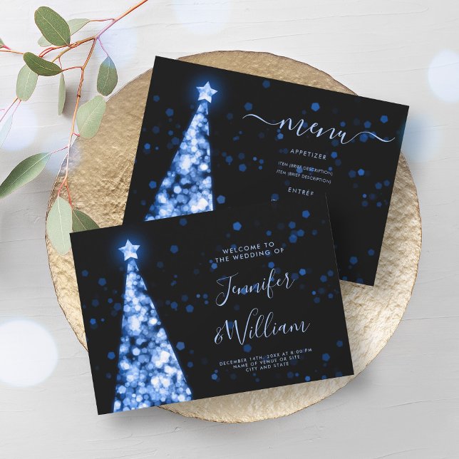 Invitation Menu Mariage Bleu de la marine des fêtes de Noël (Festive Xmas Tree Navy Blue Wedding Menu Invitation)