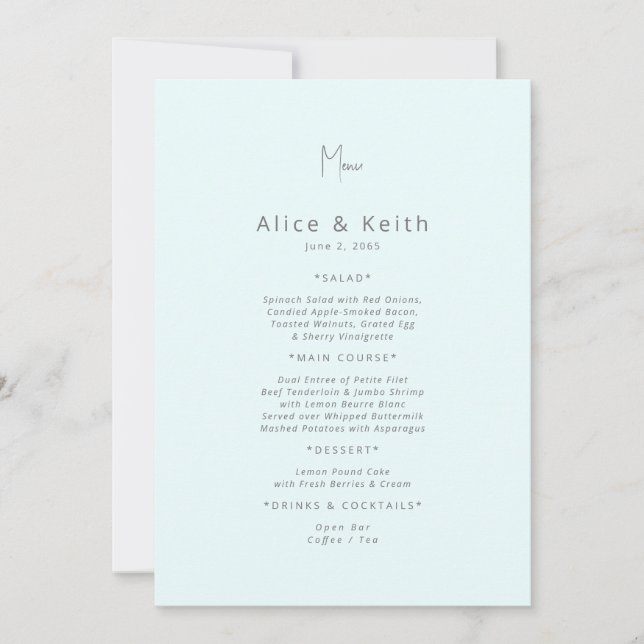 Invitation Menu Mariage bleu glace (Devant)