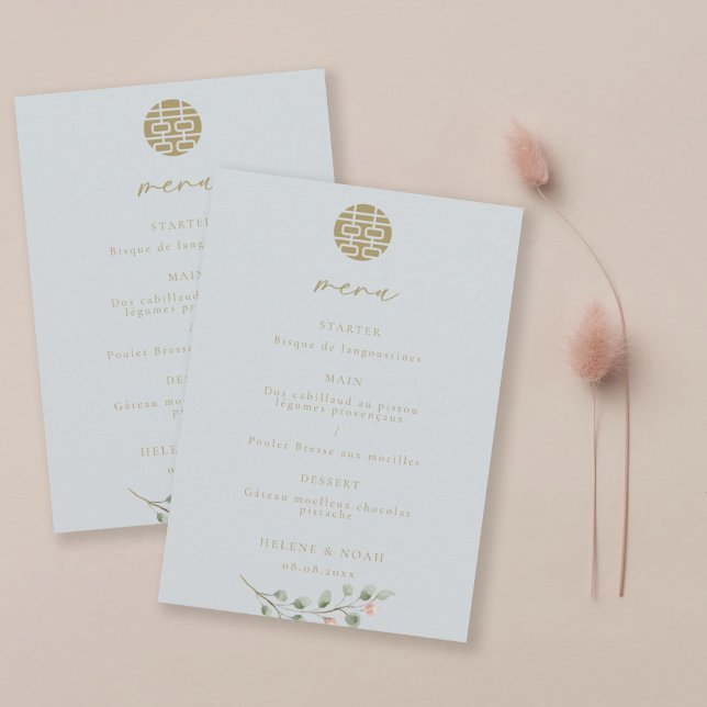 Invitation Menu Mariage chinois élégant Eucalyptus Bleu Dusty (Créateur téléchargé)