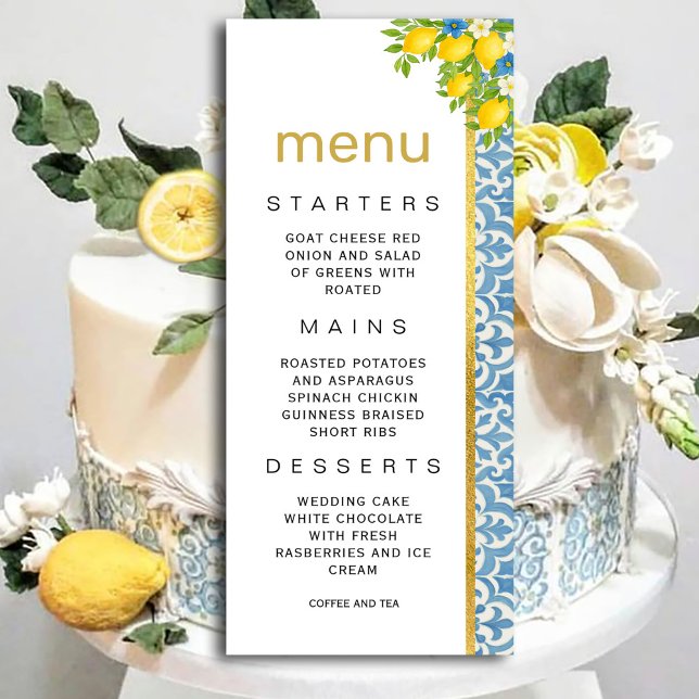 Invitation Menu Mariage Citron et Carrelage Bleu Méditerranée (Mediterranean Lemon & Blue Tile Wedding Menu Invitation #zazzlemade #menuinvitation #dinner #lemon)