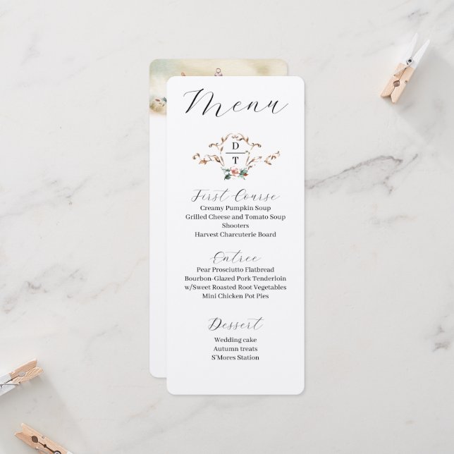 Invitation Menu Mariage de automne romantique (Devant/Arrière en situation)
