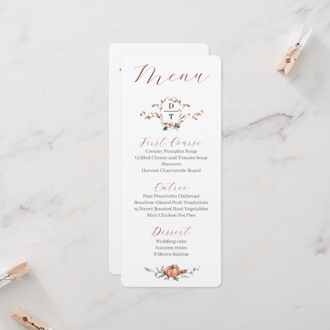 Invitation Menu Mariage de automne romantique avec orange et  (Devant/Arrière en situation)