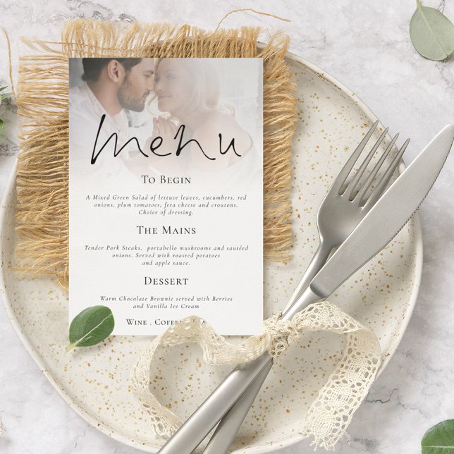 Invitation Menu Mariage photo de script moderne (Minimalist Photo Overlay Menu available digitally or printed)