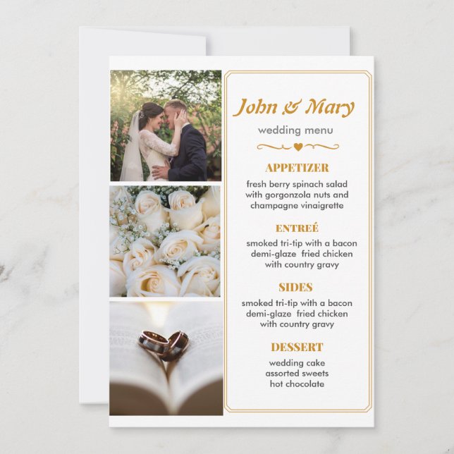 Invitation Menu Mariage simple avec photos (Devant)