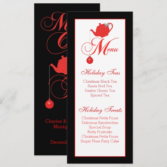 Invitation Menu personnalisé thé Noël Dentelle rouge (Devant / Derrière)