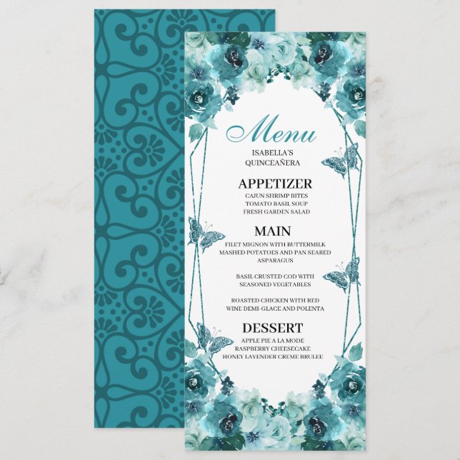 Invitation Menu turquoise Floral Quinceanera (Devant / Derrière)