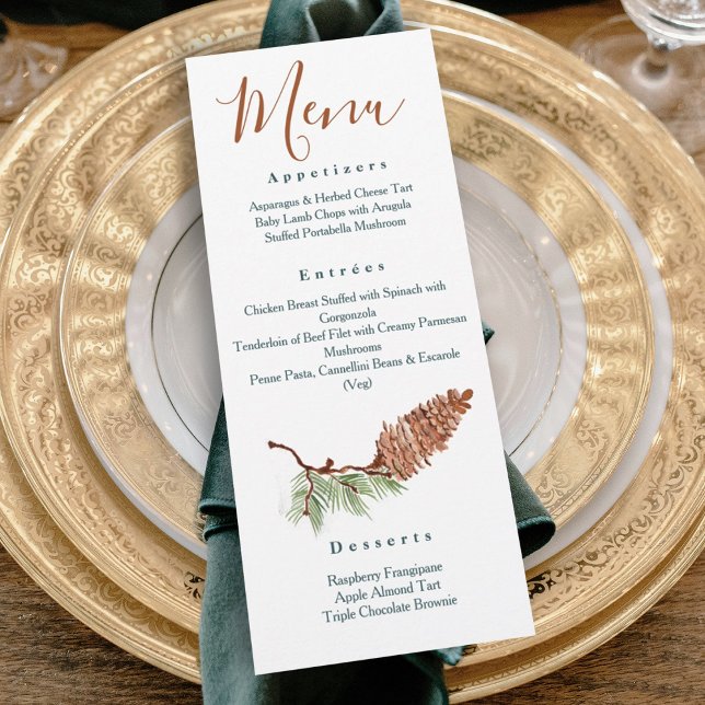Invitation Menus de dîner de réception aux cônes de pin rusti (rustic winter pinecone wedding reception dinner menu terracotta brown green winter wedding colors)