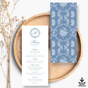Invitation Menus de mariage élégants vintage bleu Toile Monog