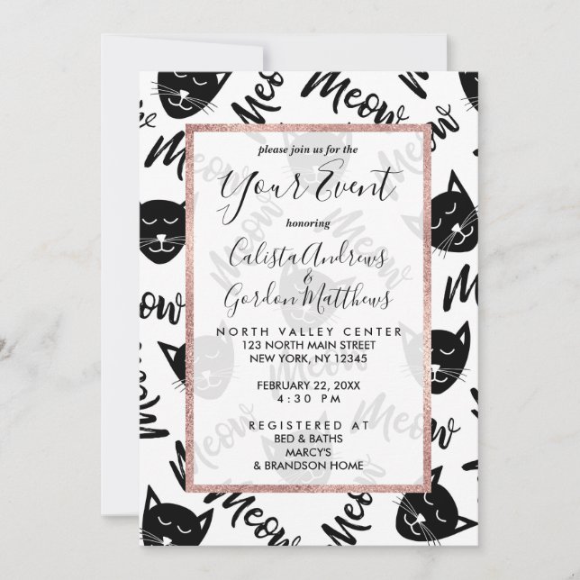 Invitation Meow Simple moderne Black White Chats Typographie (Devant)