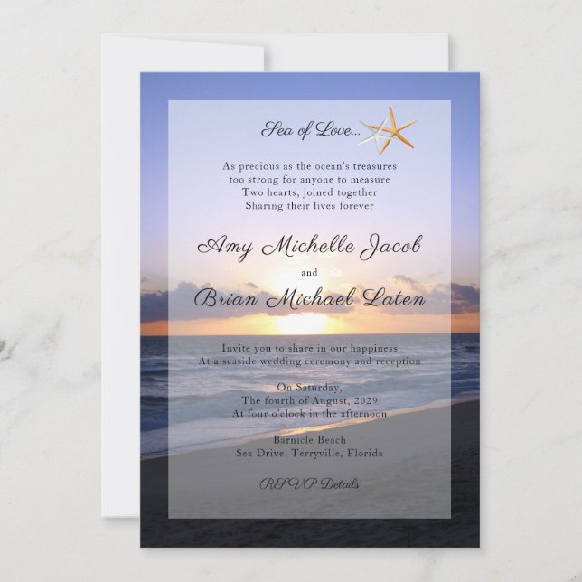 Invitation Mer d'amour | Beach Sunset Starfish Mariage (Devant)