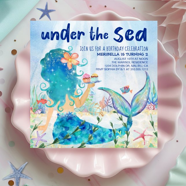 Invitation Mer de Mermaid | Tropical Ocean Cupcakes Anniversa (Créateur téléchargé)