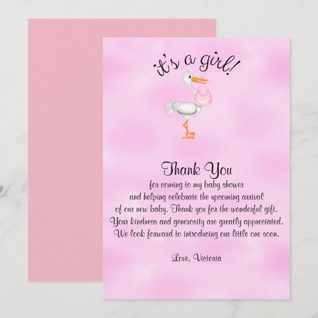 Invitation Merci Baby shower C'est une cigogne de petite fill (Devant / Derrière)