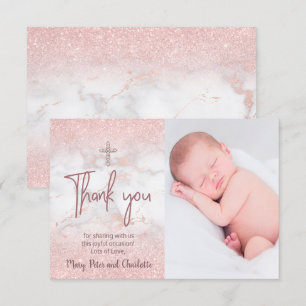 Invitation merci baptême fausse parties scintillant rose sur 