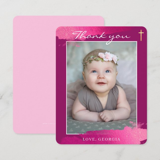 Invitation MERCI CHRISTENING feuille or croix rose foncé (Devant / Derrière)