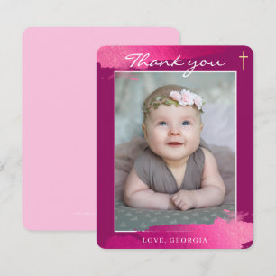 Invitation MERCI CHRISTENING feuille or croix rose foncé