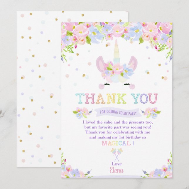 Invitation Merci d'anniversaire de Rainbow Pastel Floral Unic (Devant / Derrière)