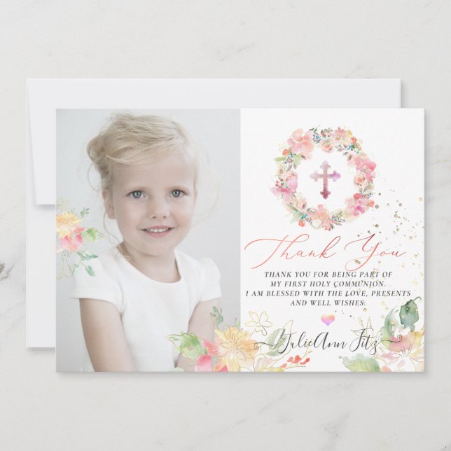 Invitation Merci de communion Rose (Devant)