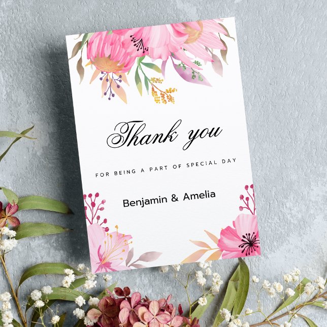 Invitation Merci de fleurs d'aquarelle rose-orange botanique (Botanic pink orange watercolor flowers Thank You )