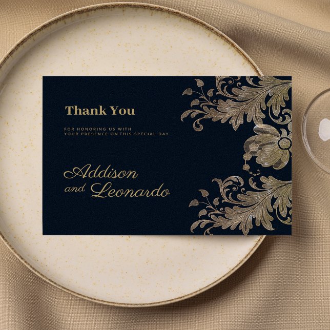 Invitation Merci de luxe floral en dentelle d'or bleu marine (Navy blue gold lace floral luxury Thank You)