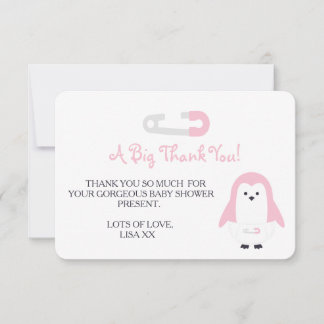 Invitation Merci de pingouin rose bébé