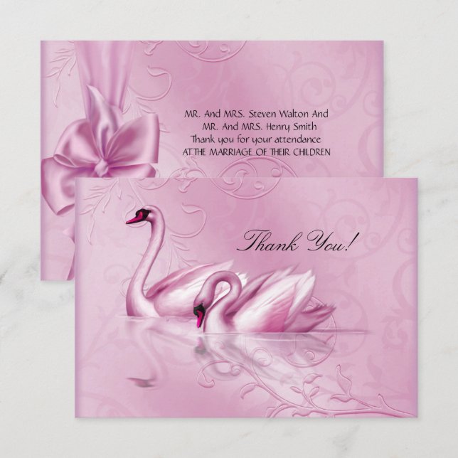 Invitation Merci Élégant mariage cygnes roses (Devant / Derrière)