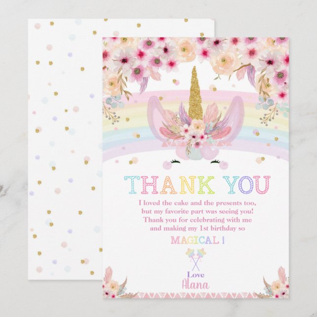 Invitation Merci floral d'anniversaire de licorne de Boho (Devant / Derrière)