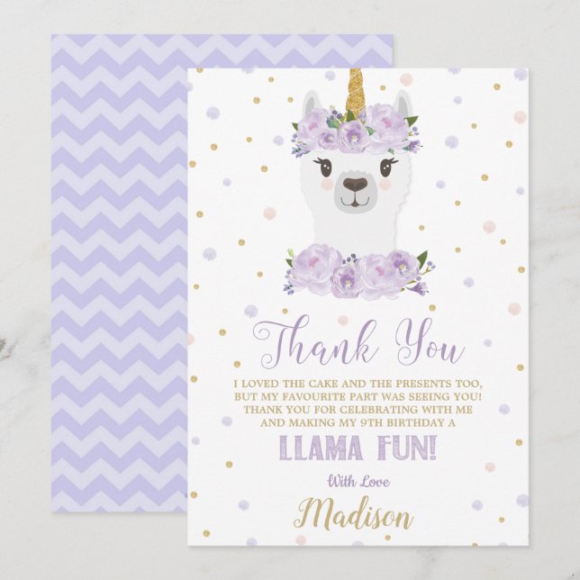 Invitation Merci floral mauve de Llama Fun Birthday Party (Devant / Derrière)