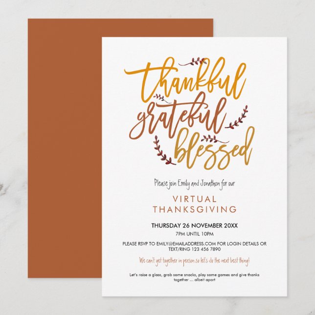 Invitation Merci Grateful béni Virtual Thanksgiving (Devant / Derrière)